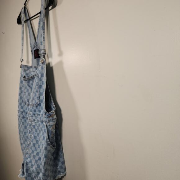NO BO NO BOUNDARIES Denim Shortall Womens XL Blue Checkerboard Boho Cottagecore - Picture 8 of 12
